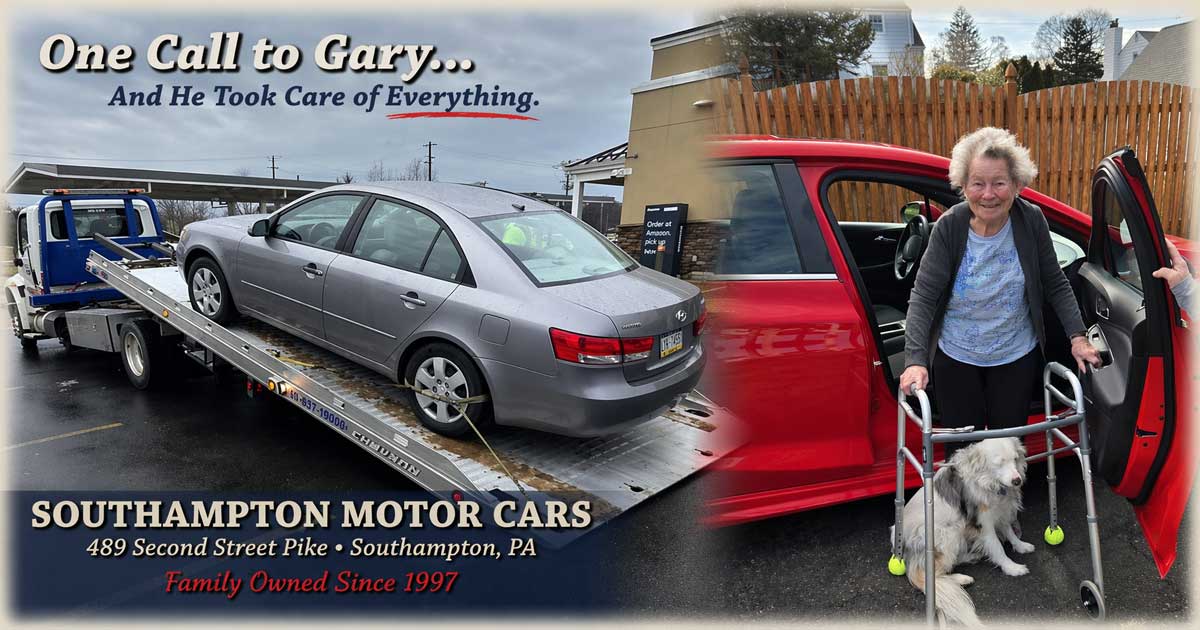 Broken Hyundai on tow truck and new red Chevy Cruze with mom and dog after replacement car purchase