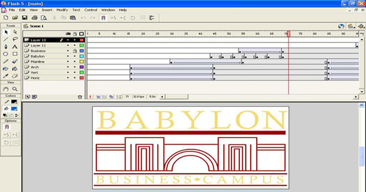 Flash 5 timeline showing Babylon Business Campus animated logo project with multiple animation layers