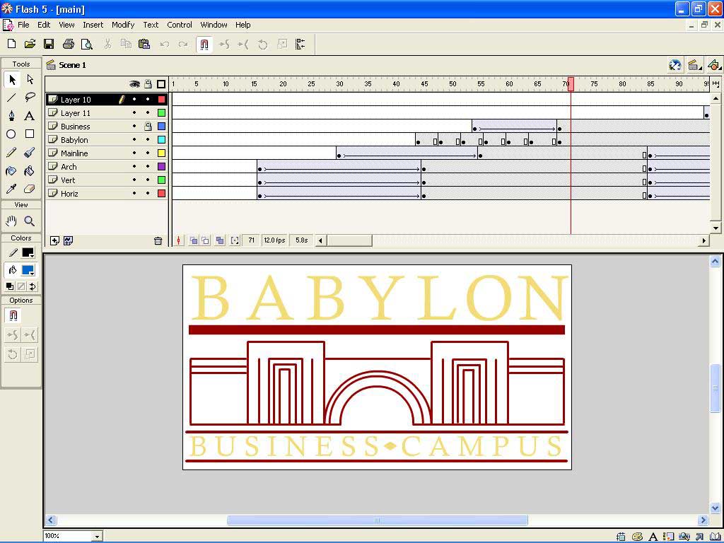 Flash 5 timeline showing Babylon Business Campus animated logo project with multiple animation layers