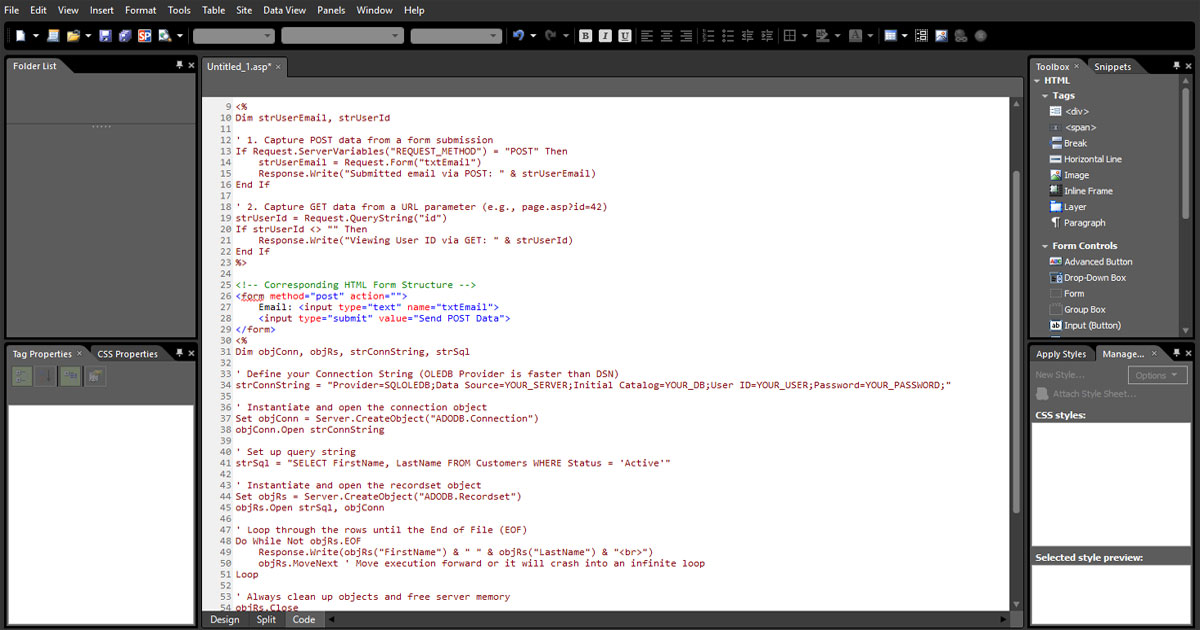 Classic ASP code open in Microsoft Expression Web showing VBScript form handling and database connection